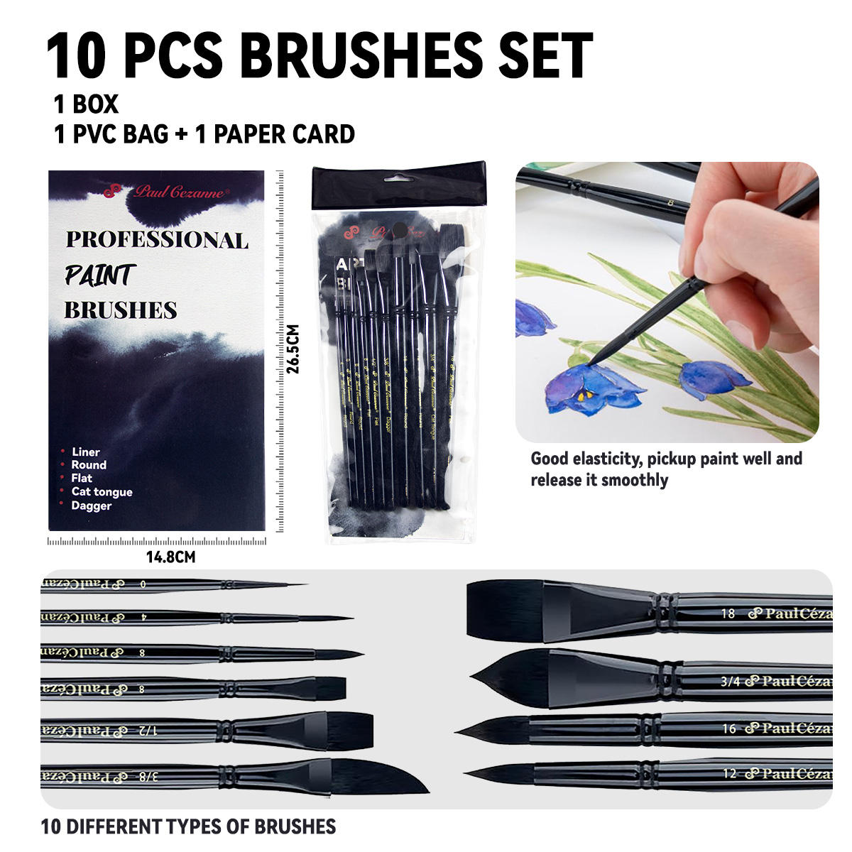 Paul Cezanne Art Paint Brush Set 10 Pcs Black Handle Watercolor Acrylic Gouache Paint Brushes
