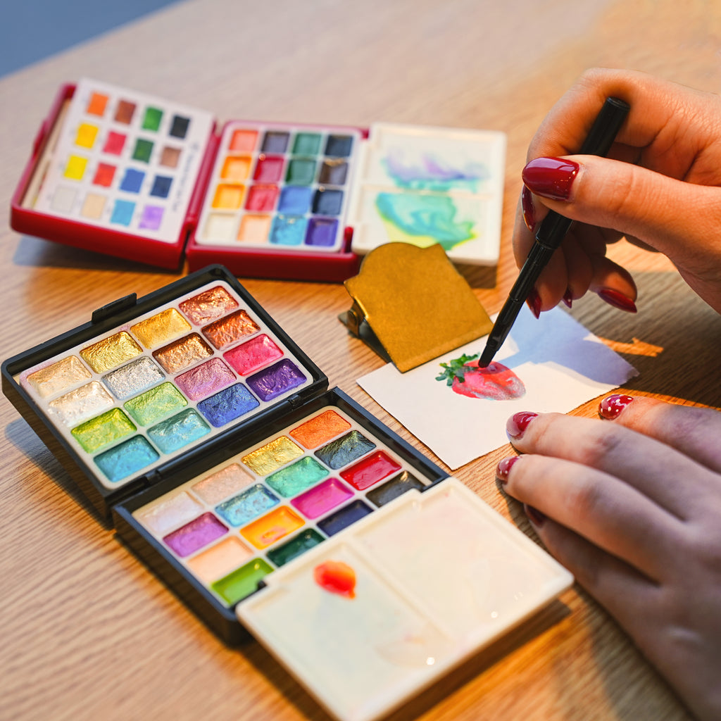 Poezie Palm Box 32 Colors Watercolor Paint Set + Mini Sketchbook and Deckled Paper