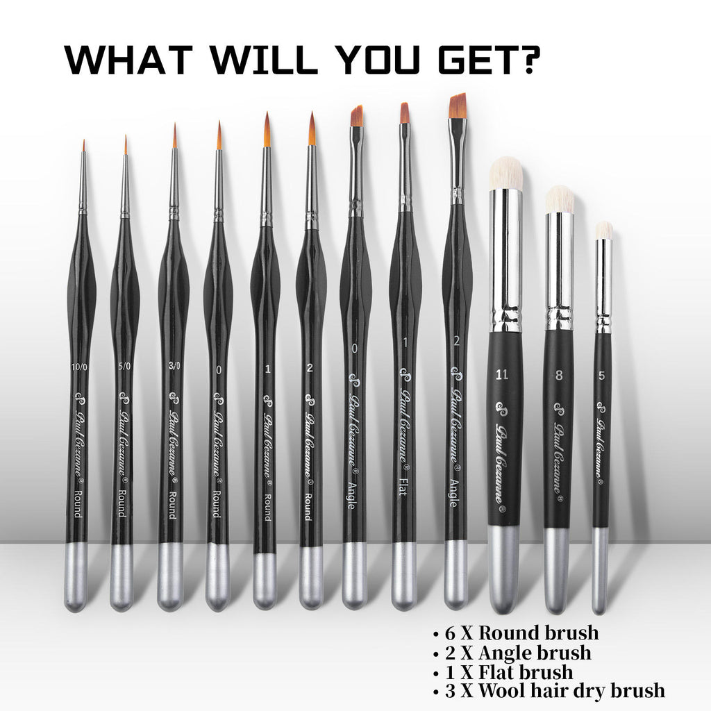 Paul Cezanne 12pcs Miniature Detail Paint Brush Set with Wool Dry Brush - PB154 Micro Liner Brushes for Gunpla, Warhammer Figures, Model Kits, Acrylic Painting