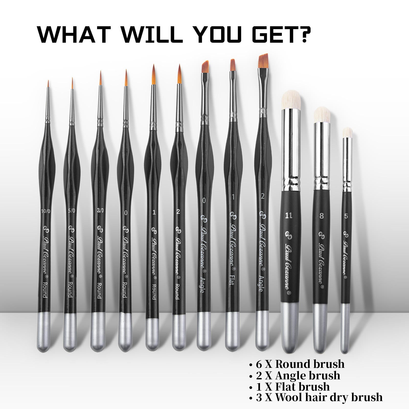 Paul Cezanne 12pcs Miniature Detail Paint Brush Set with Wool Dry Brush - PB154 Micro Liner Brushes for Gunpla, Warhammer Figures, Model Kits, Acrylic Painting