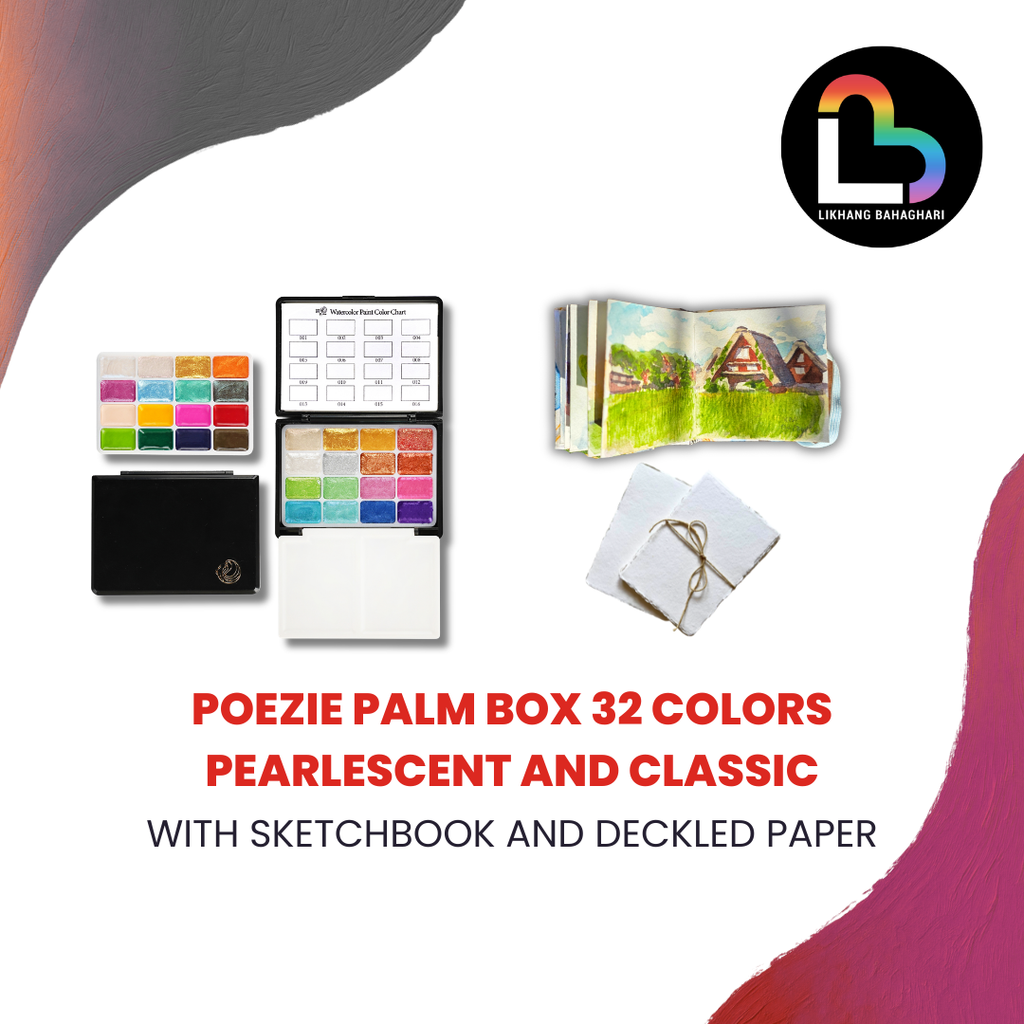 Poezie Palm Box 32 Colors Watercolor Paint Set + Mini Sketchbook and Deckled Paper