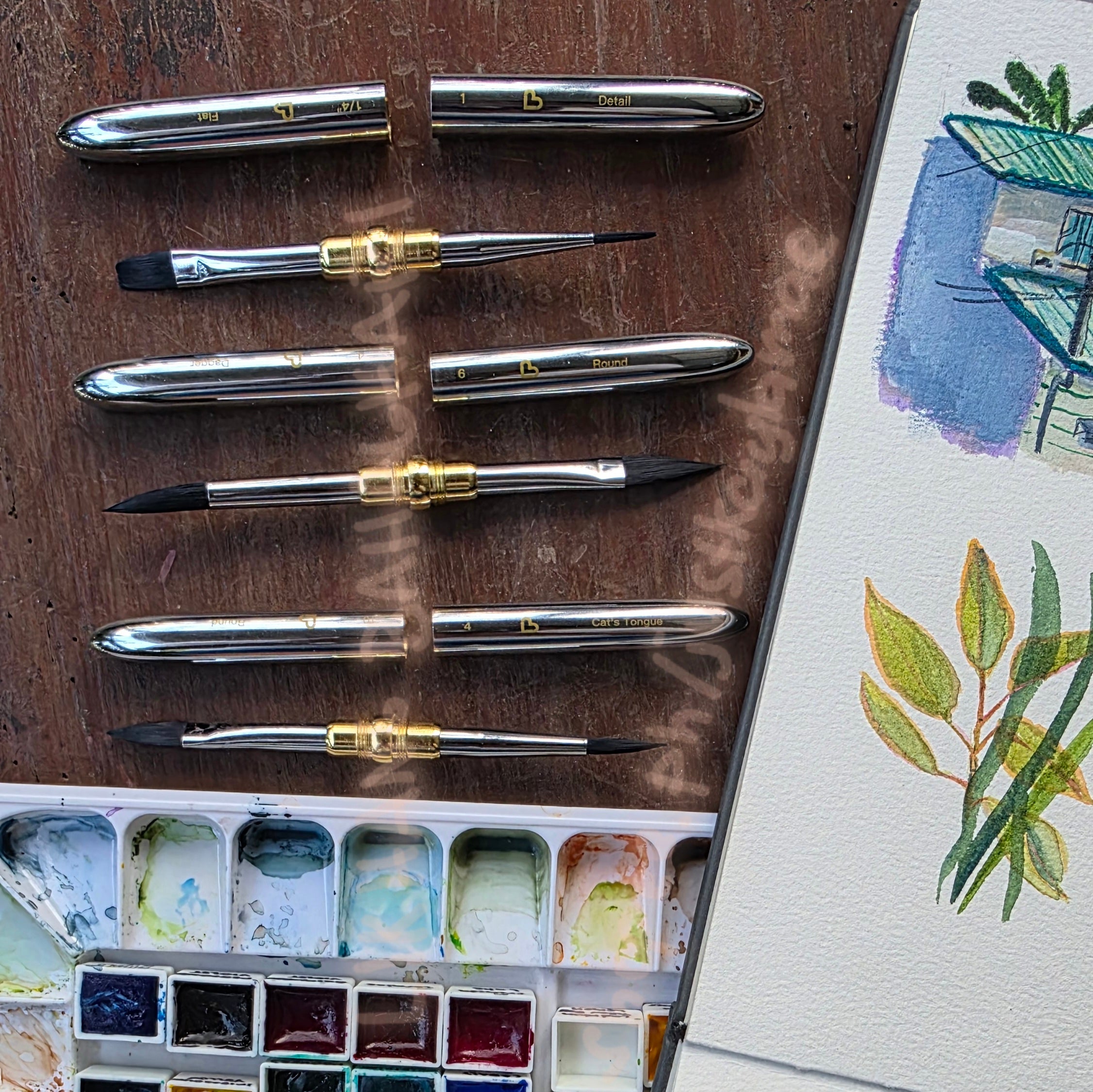 LB Dual-Tip Small Silver Travel Watercolor Brushes - 6 Tip Styles, Premium Synthetic Squirrel Hair