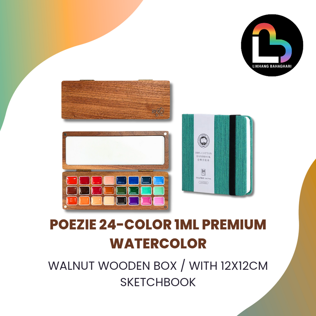 Poezie 24-Color Premium Watercolor in Walnut Wooden Box – Luxury Artist Gift Set with Sketchbook