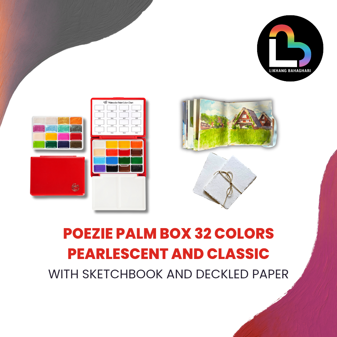 Poezie Palm Box 32 Colors Watercolor Paint Set + Mini Sketchbook and Deckled Paper