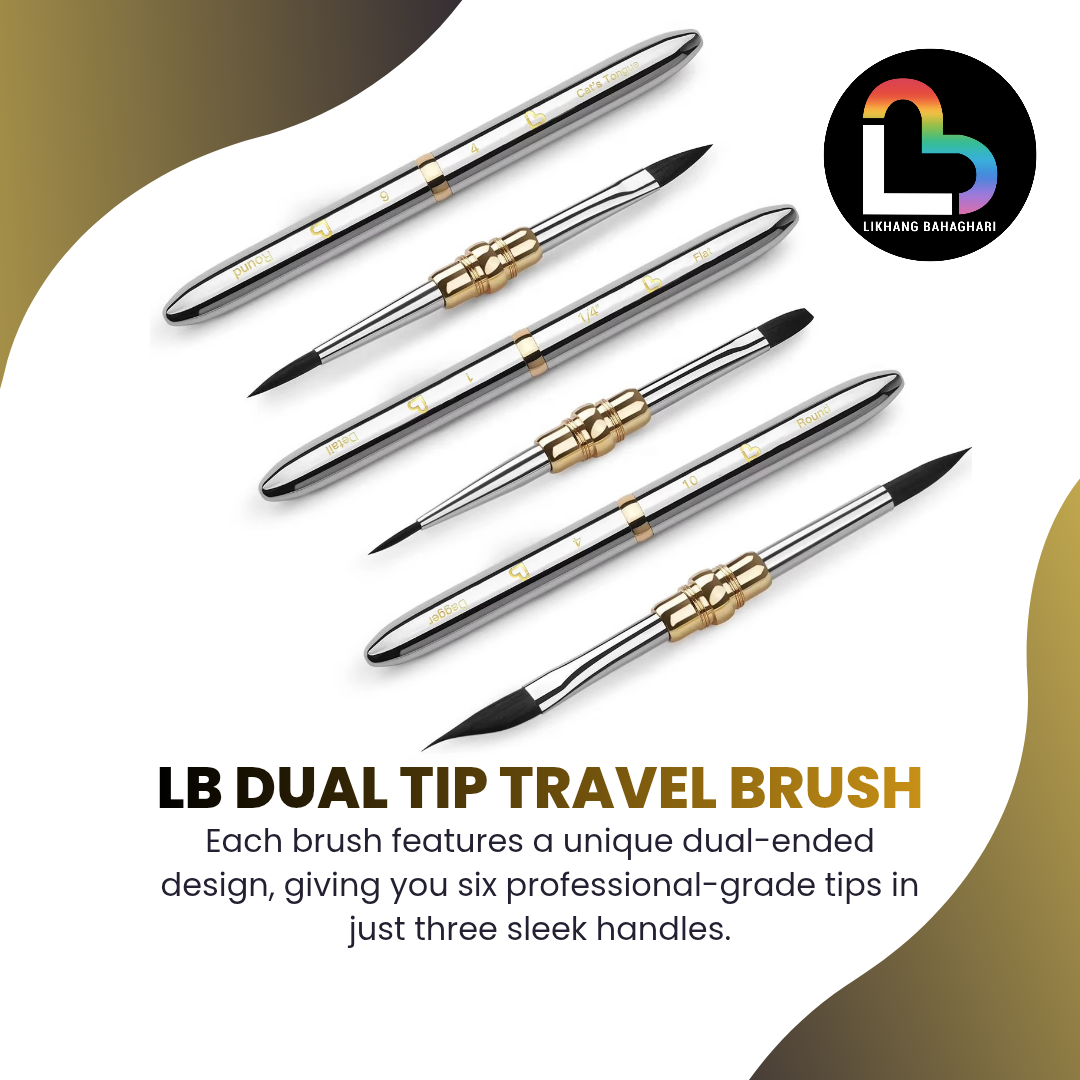 LB Dual-Tip Small Silver Travel Watercolor Brushes - 6 Tip Styles, Premium Synthetic Squirrel Hair
